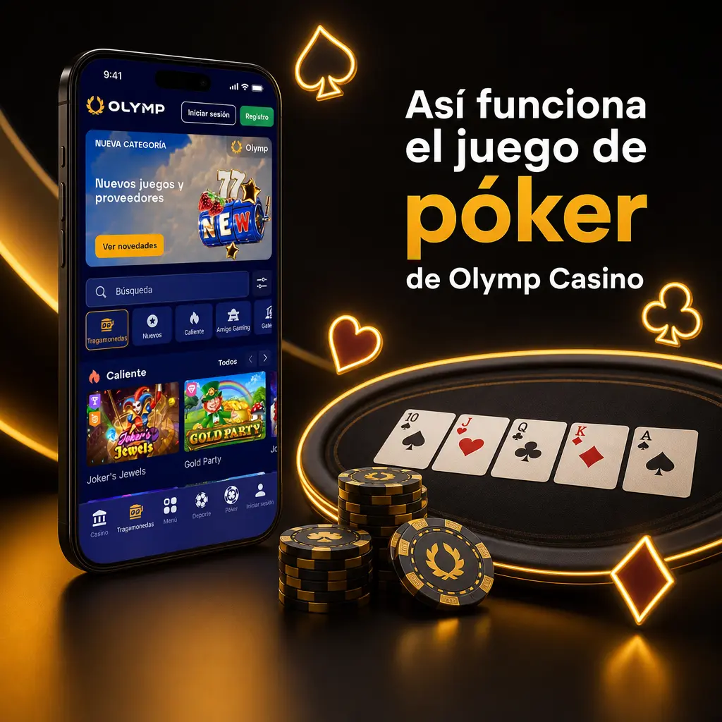 Mesa de póker en Olymp Casino con distribuidor virtual, fichas y cartas en una partida online en vivo.