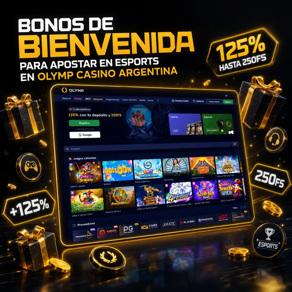 Bono de bienvenida de Olymp Casino Argentina: 125% de depósito más 250 giros gratis para apostar en esports.