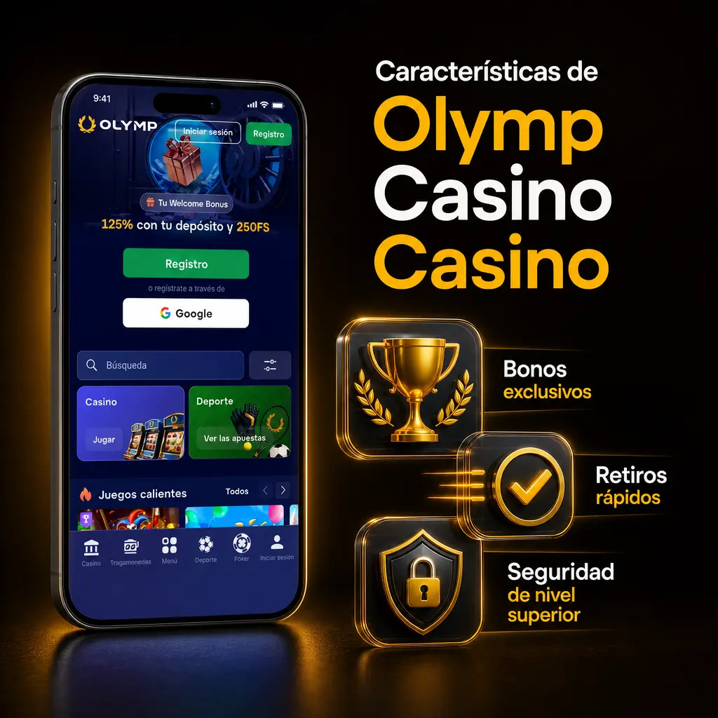 Características de Olymp Casino: retiros rápidos, SSL 128 bits, soporte 24/7 en español y programa VIP con cashback.
