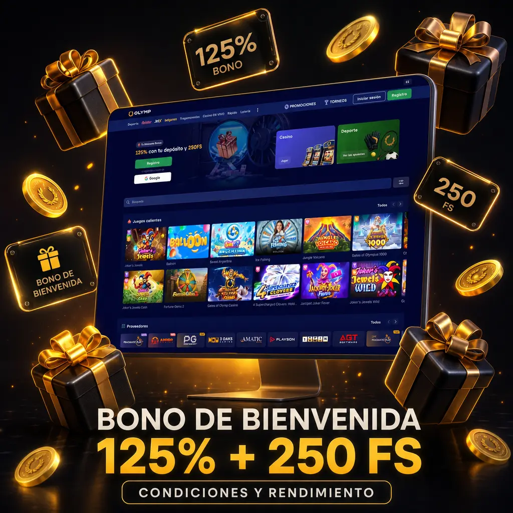 Bono de bienvenida Olymp Casino: 125% más 250 giros gratis, rollover 35x en 7 días sobre depósito de ARS 10.000