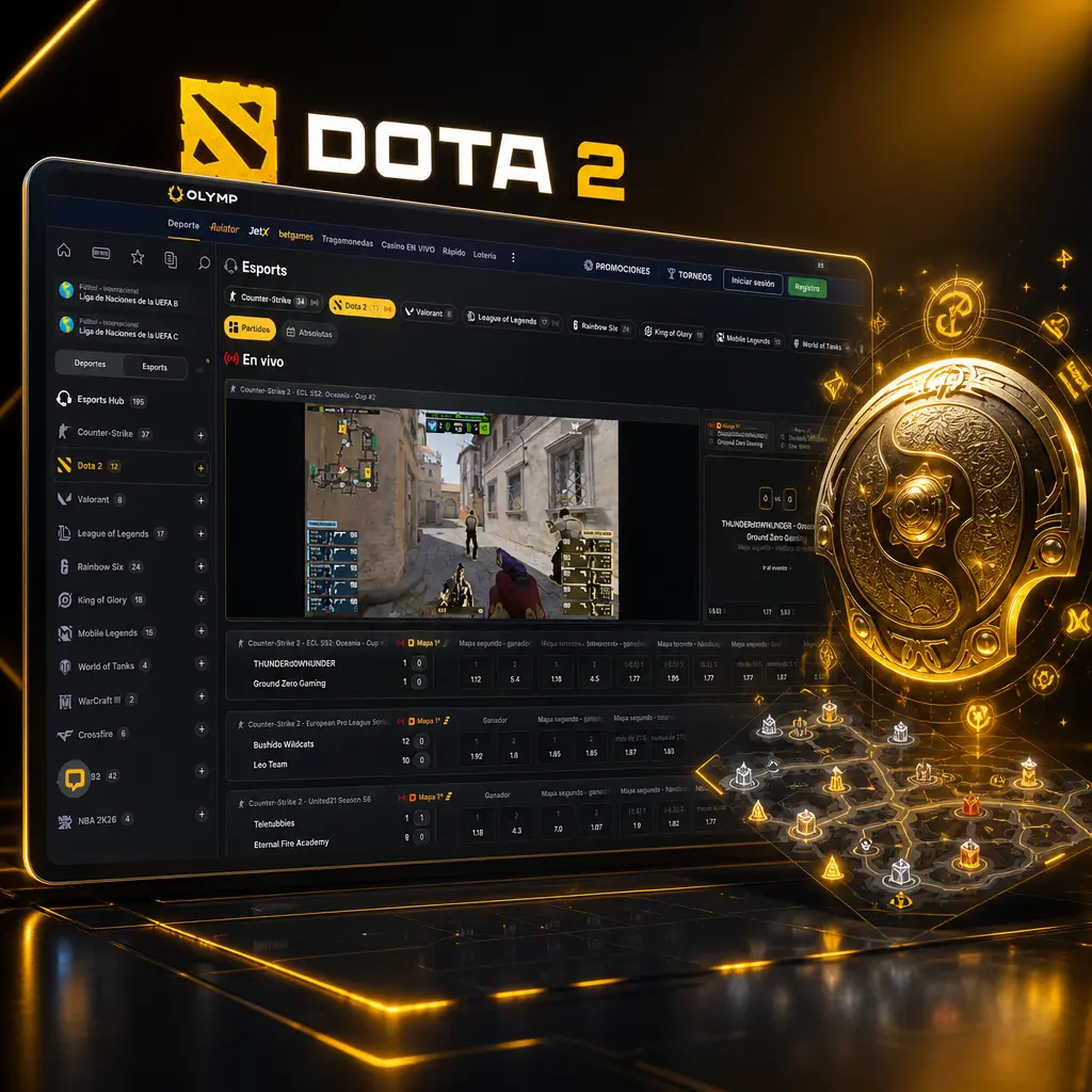 Apuestas en vivo y previas para Dota 2 en Olymp Casino: ganador, mapas y kills en torneos como The International y ESL One.