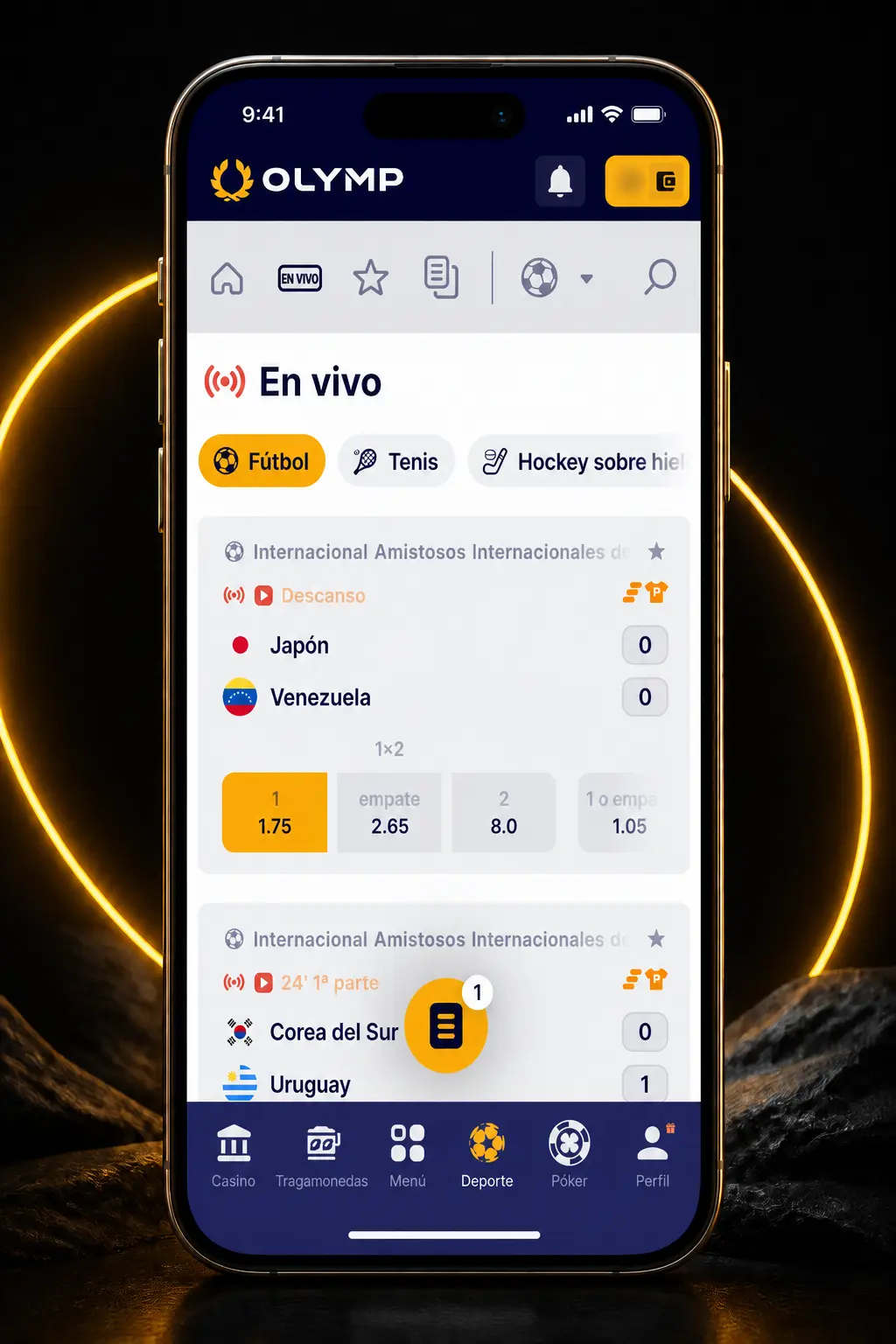 Captura de pantalla móvil mostrando el paso a paso para realizar una apuesta deportiva en Olymp Casino