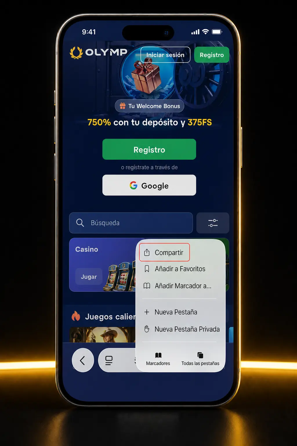 Pasos para instalar la app web progresiva de Olymp Casino en iOS usando Safari y la opción de compartir