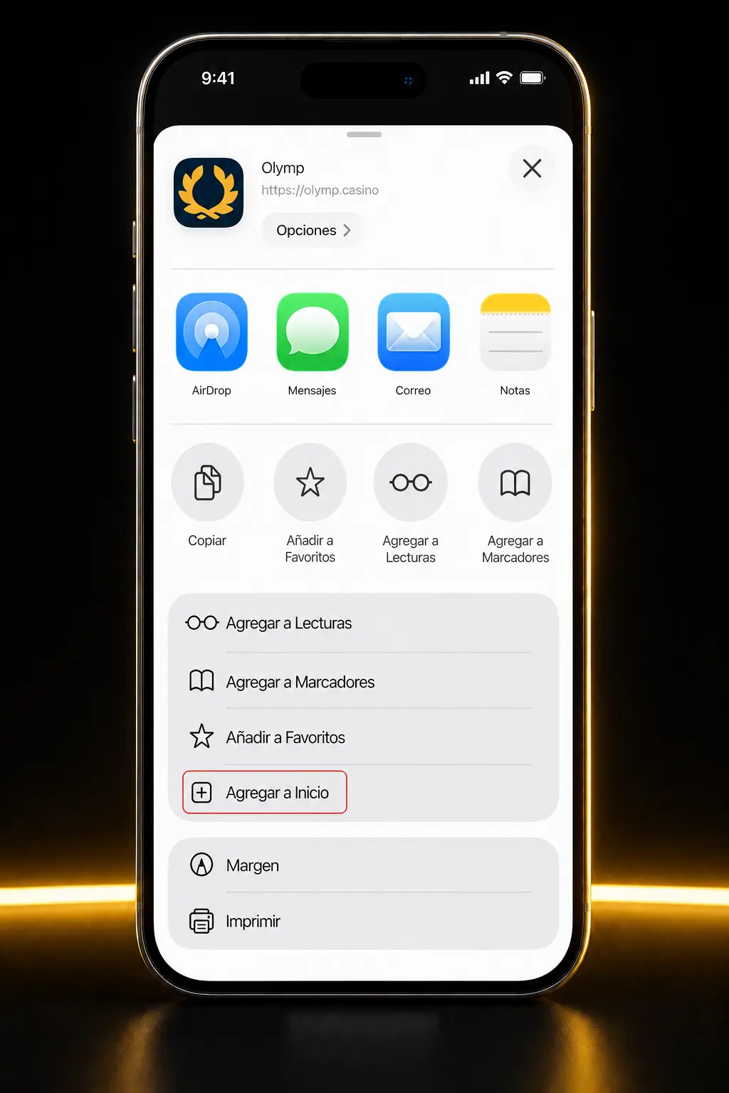 Pasos para instalar la app web progresiva de Olymp Casino en iOS usando Safari y agregarla a la pantalla de inicio.