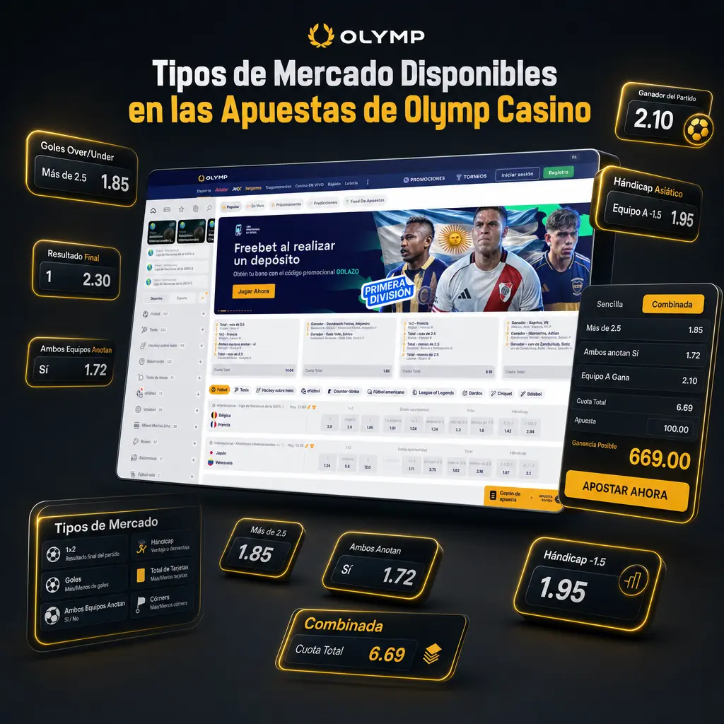 Tipos de mercado en Olymp Casino: 1X2, hándicap asiático, over/under, apuestas de jugador y cash out en vivo.
